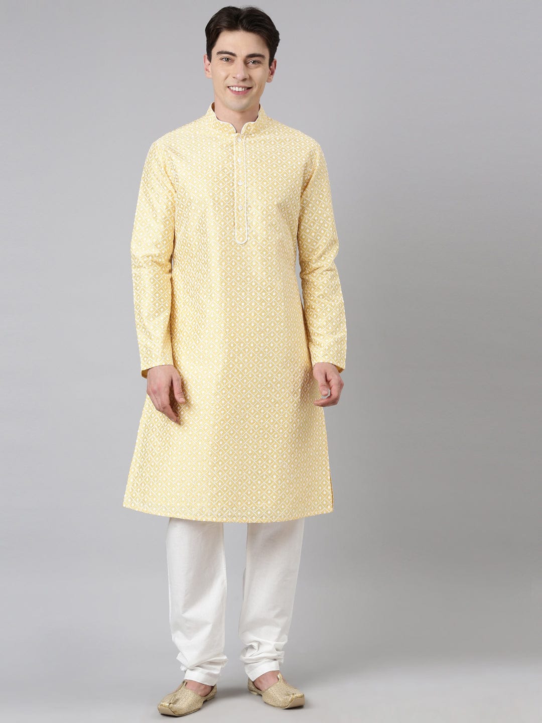 Festive Yellow Silk Chikankari Kurta Set