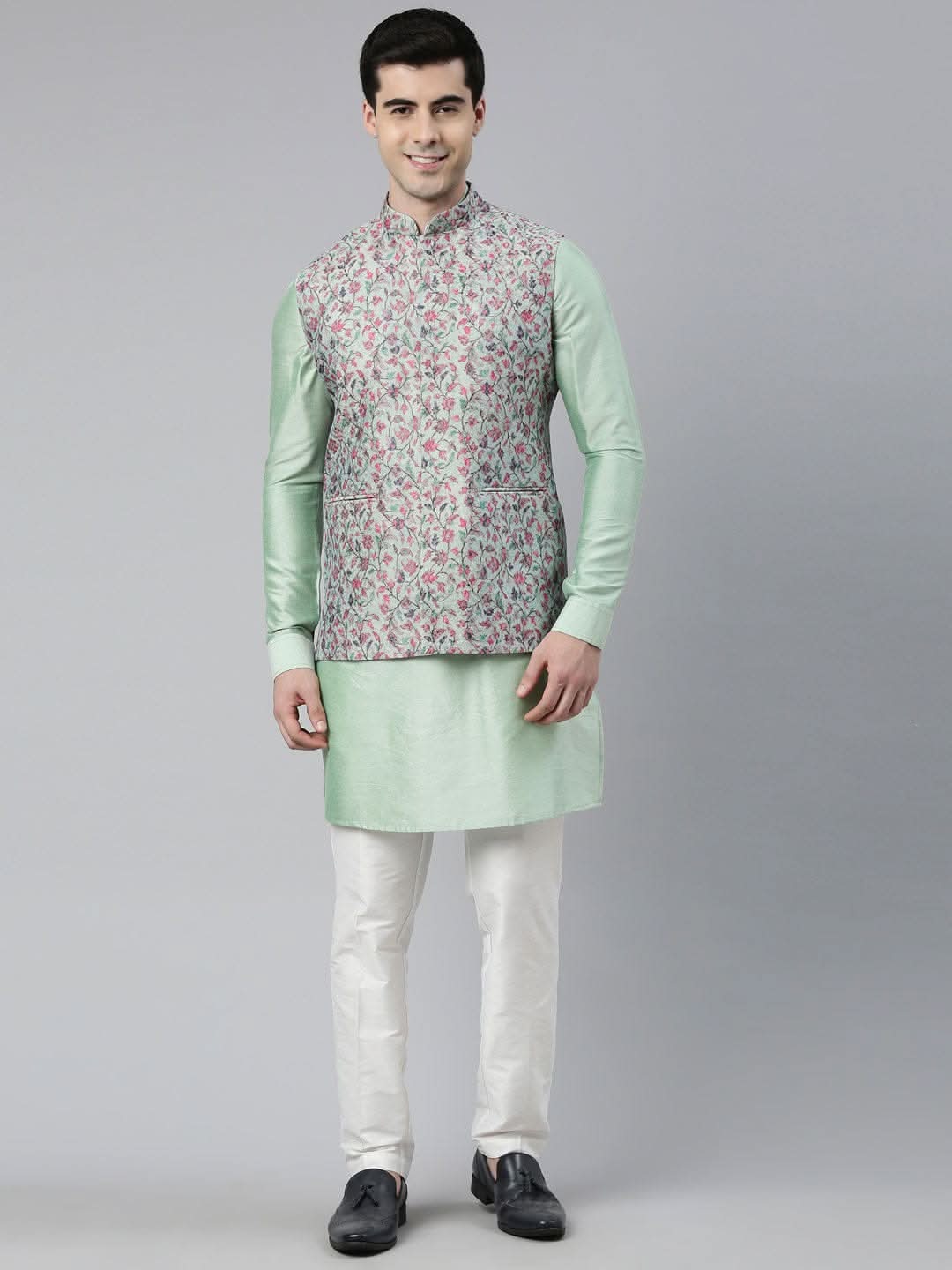 Jade Green Pashmina Print Jacket with Solid Green Short Kurta Set