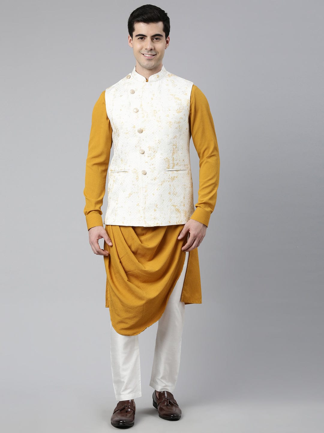 Cream Mustard Printed Jacket With Mustard Draped Kurta