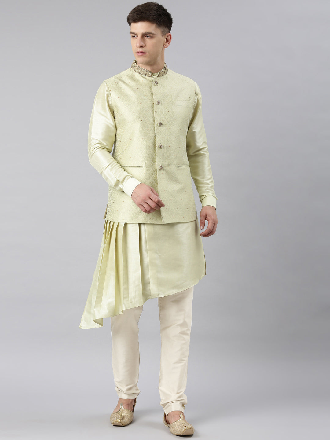 Mint Green Jacquard Jacket With Drape Kurta