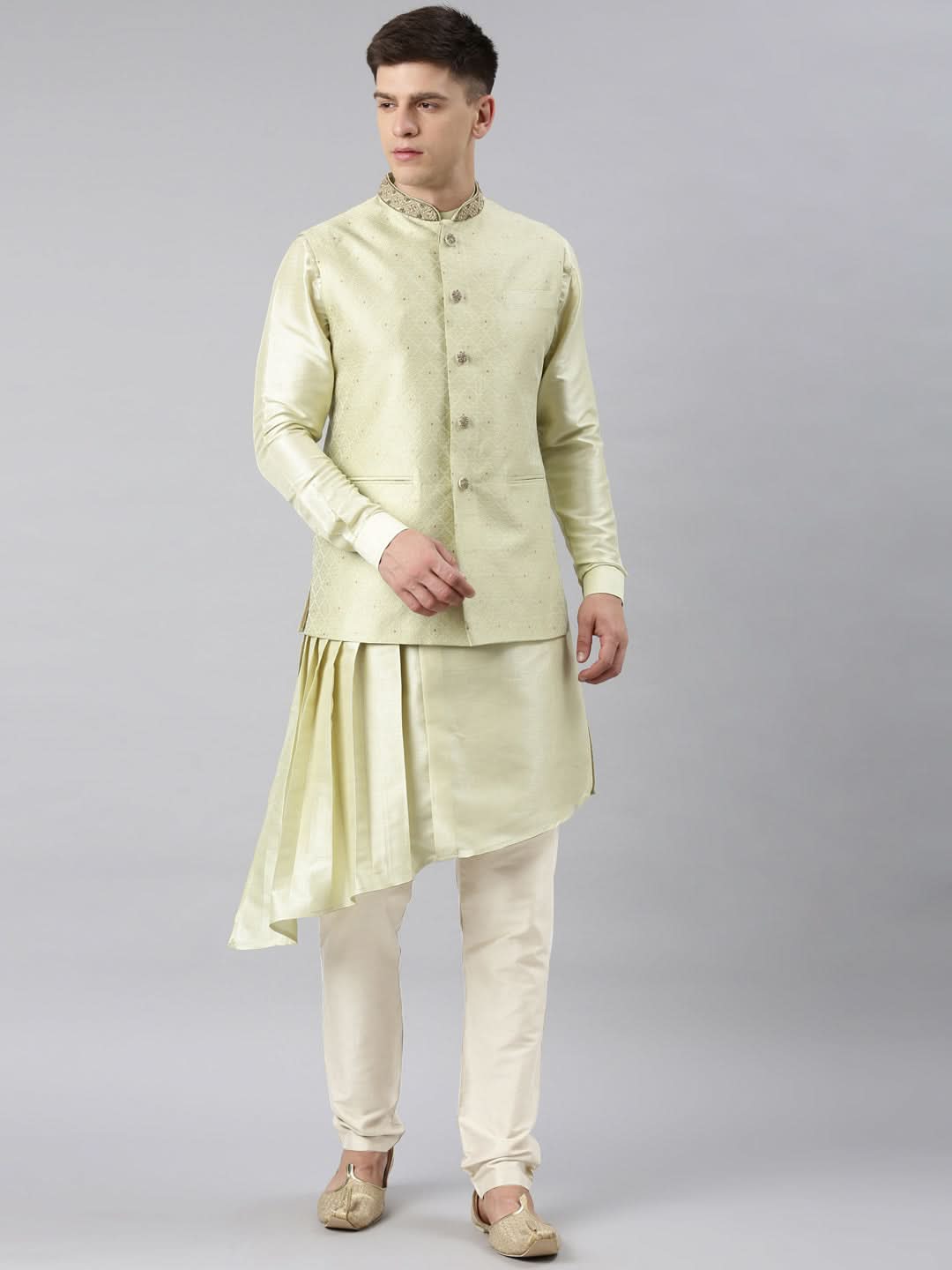 Mint Green Jacquard Jacket With Drape Kurta