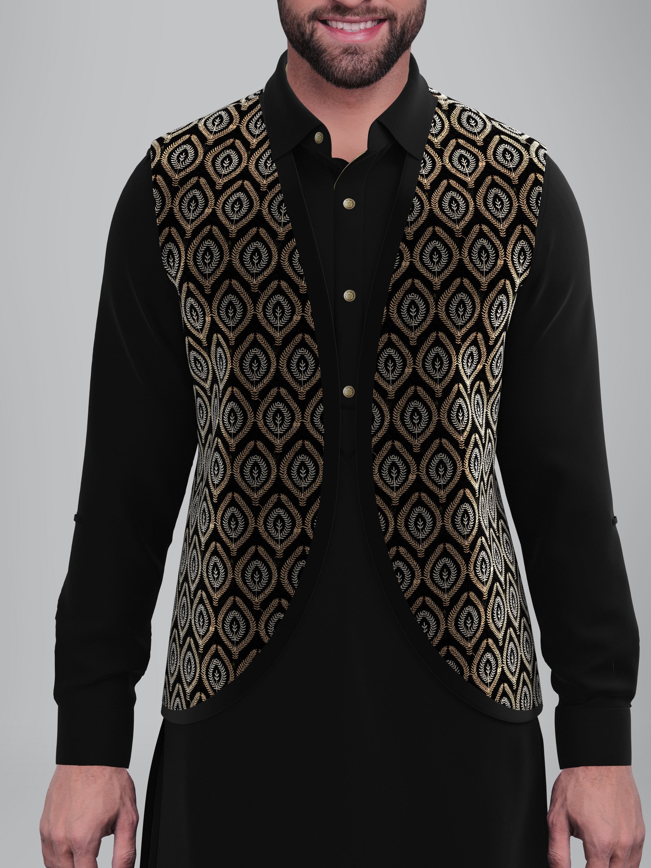 Black Velvet Embroidered Jacket Pathani