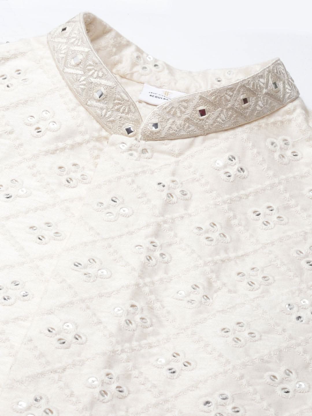 Cream Mirror Embroidery Bundi