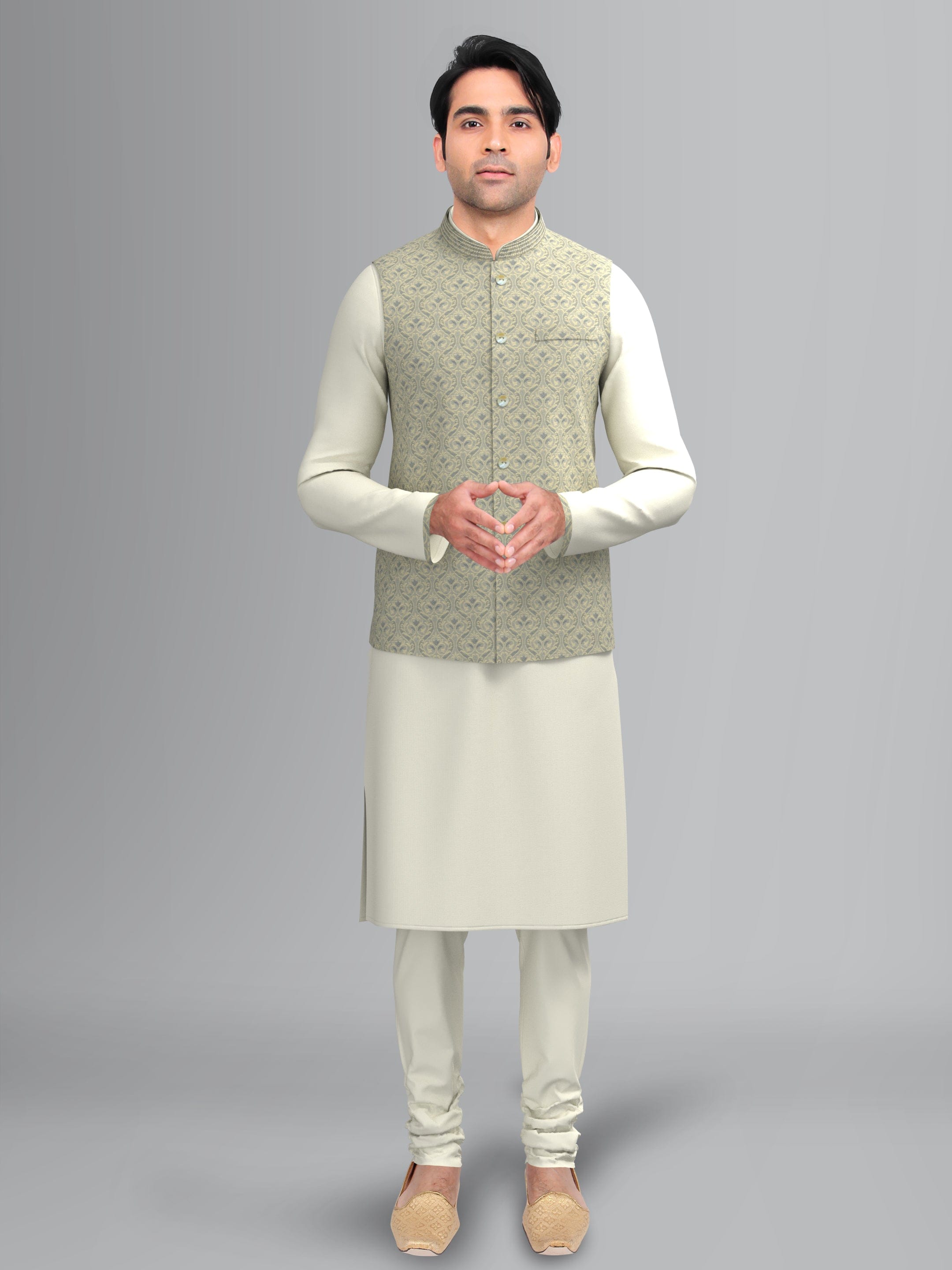 Grey Jacquard Jacket with Off white kurta