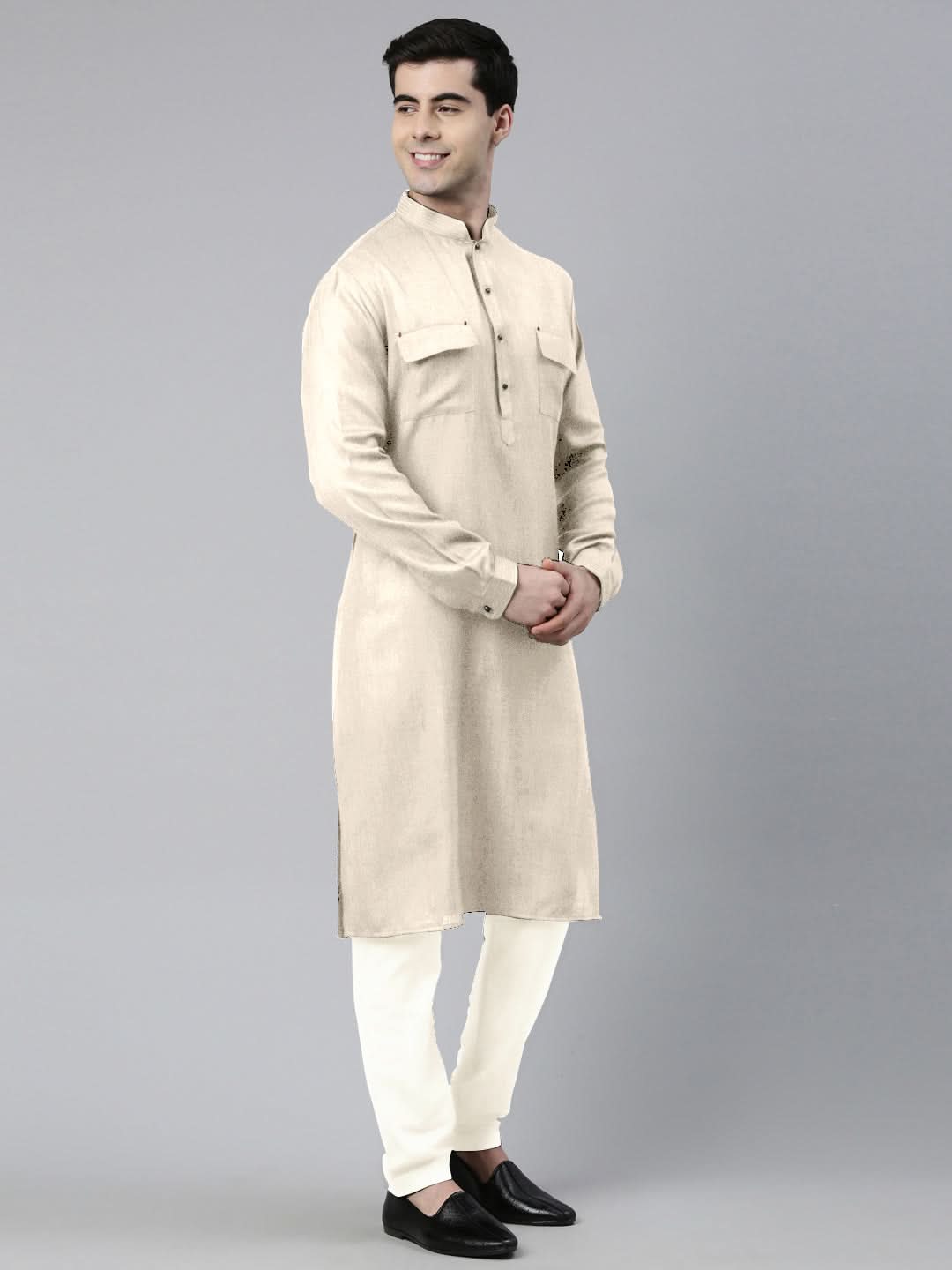 Cream Cotton Pathani Kurta Set with Patch pocket