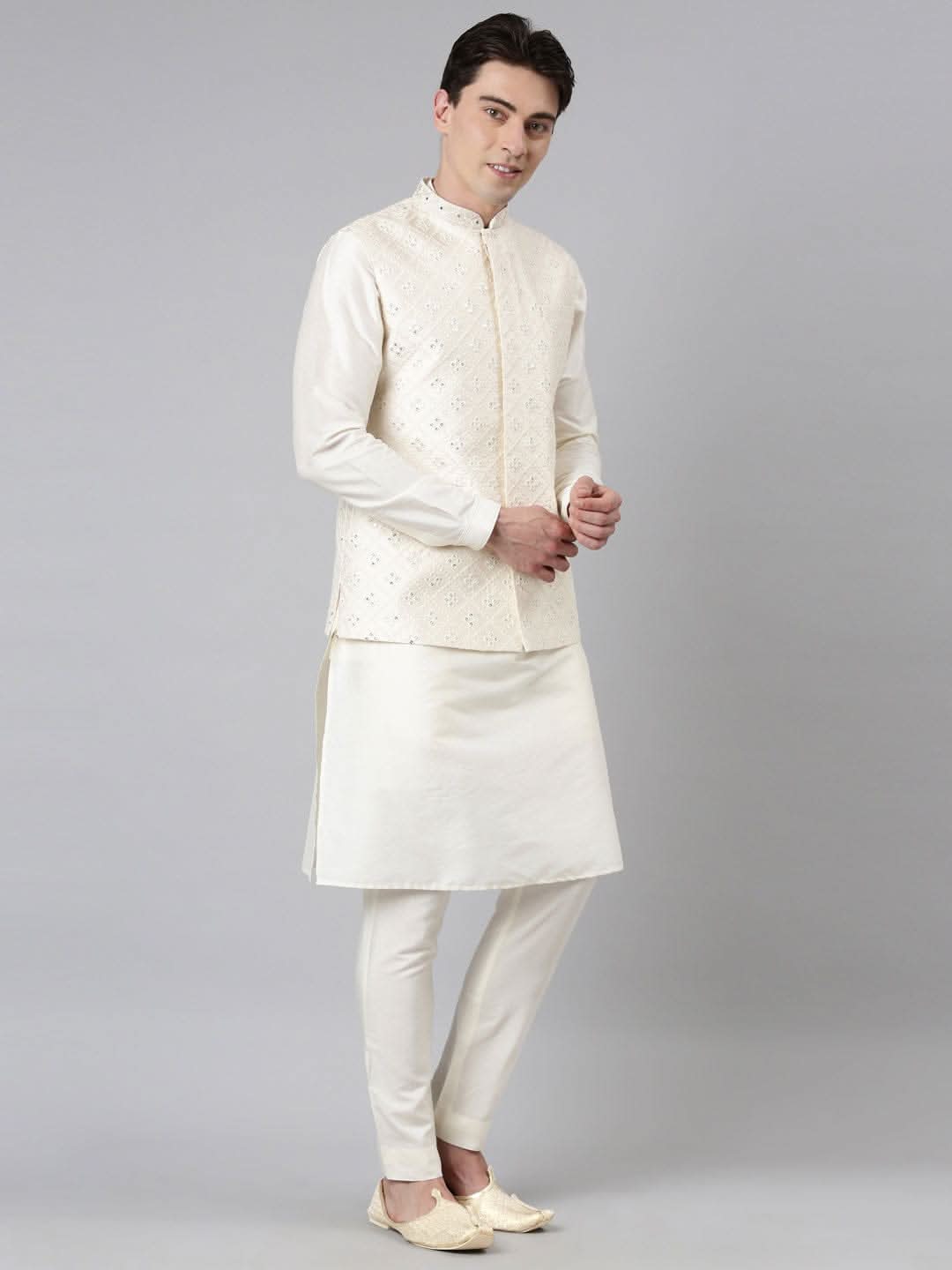 Cream Mirror Embroidery Bundi