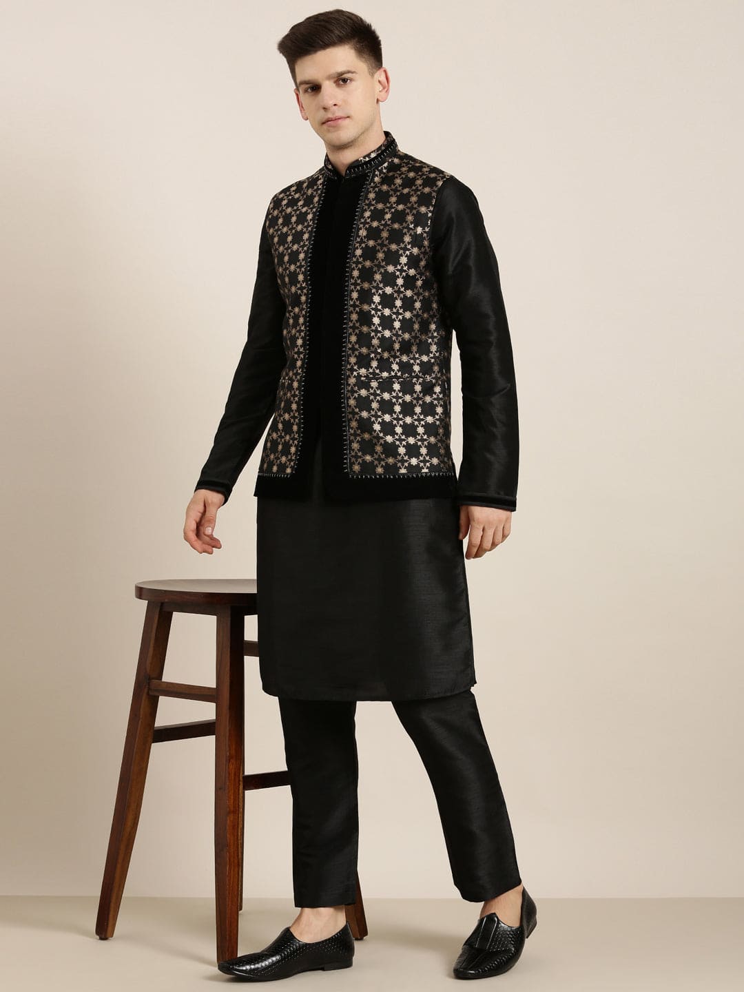 Black Jacquard Layered Jacket Set