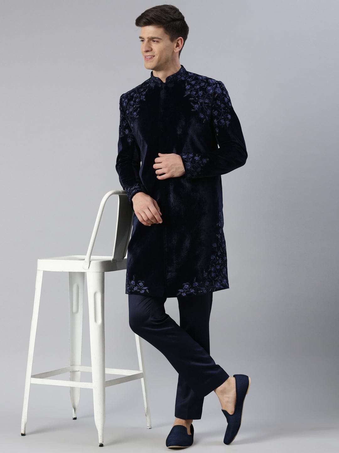 Navy velvet embroidery Achkan