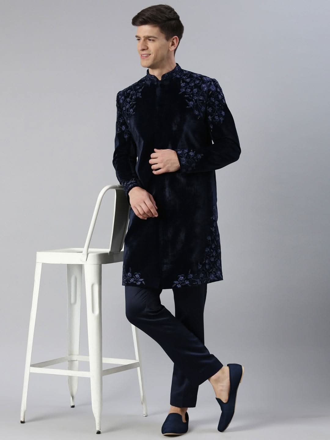 Navy velvet embroidery Achkan