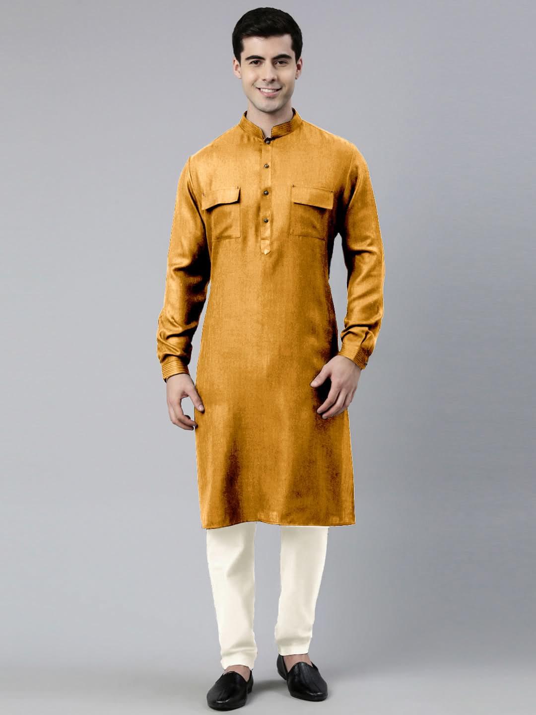 Mustard Cotton Pathani Kurta Set with Patch pocket