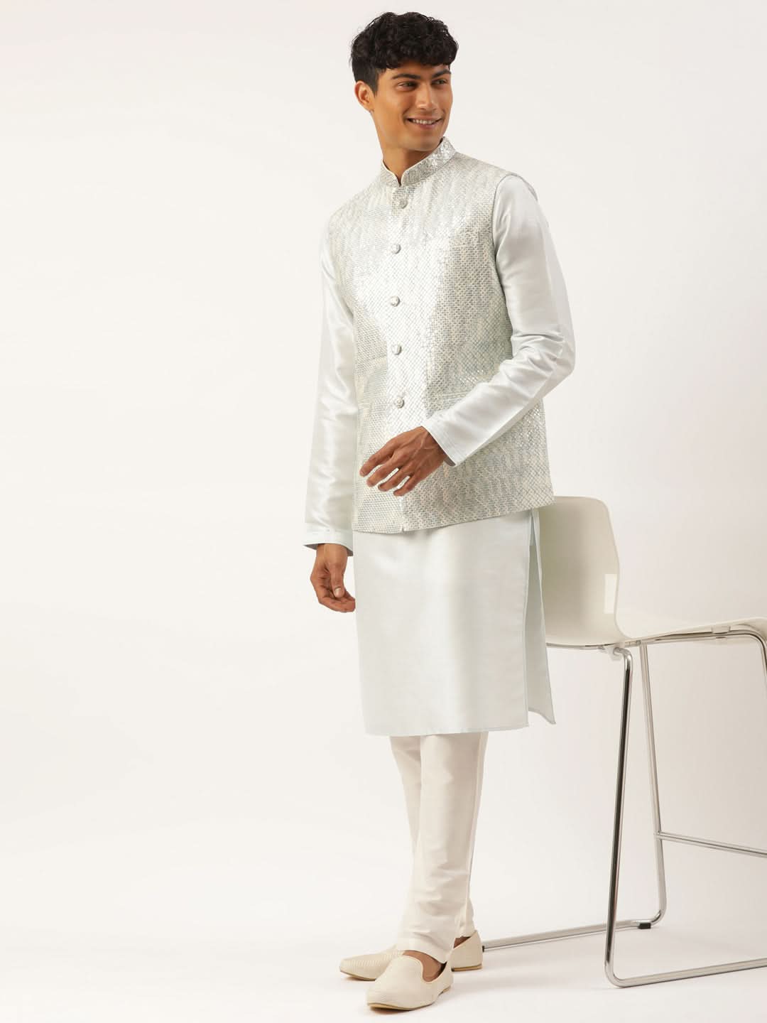 Sky Blue Sequin Embroidered Jacket