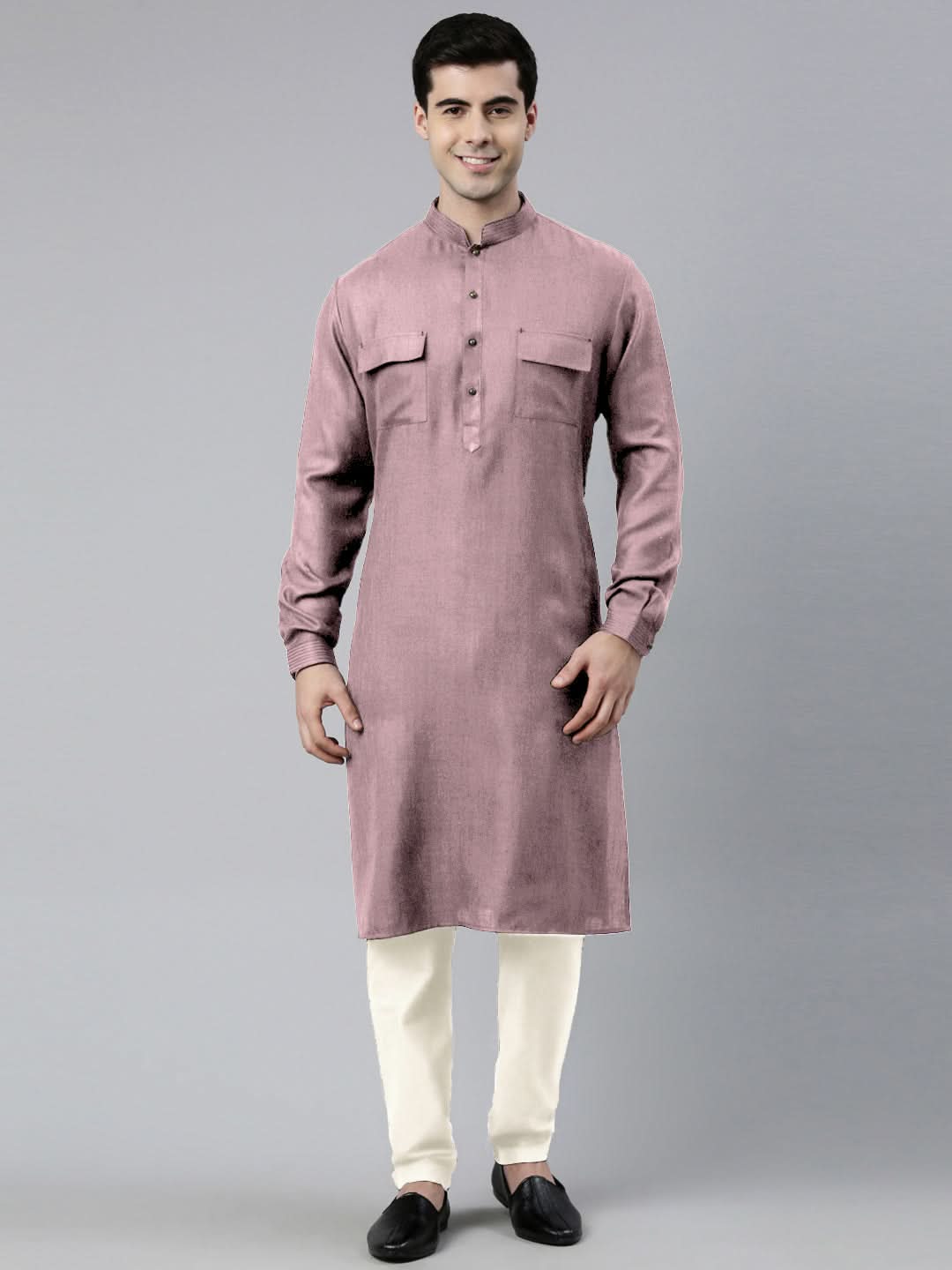 Old Rose Cotton Pathani Kurta Set with Patch pocket