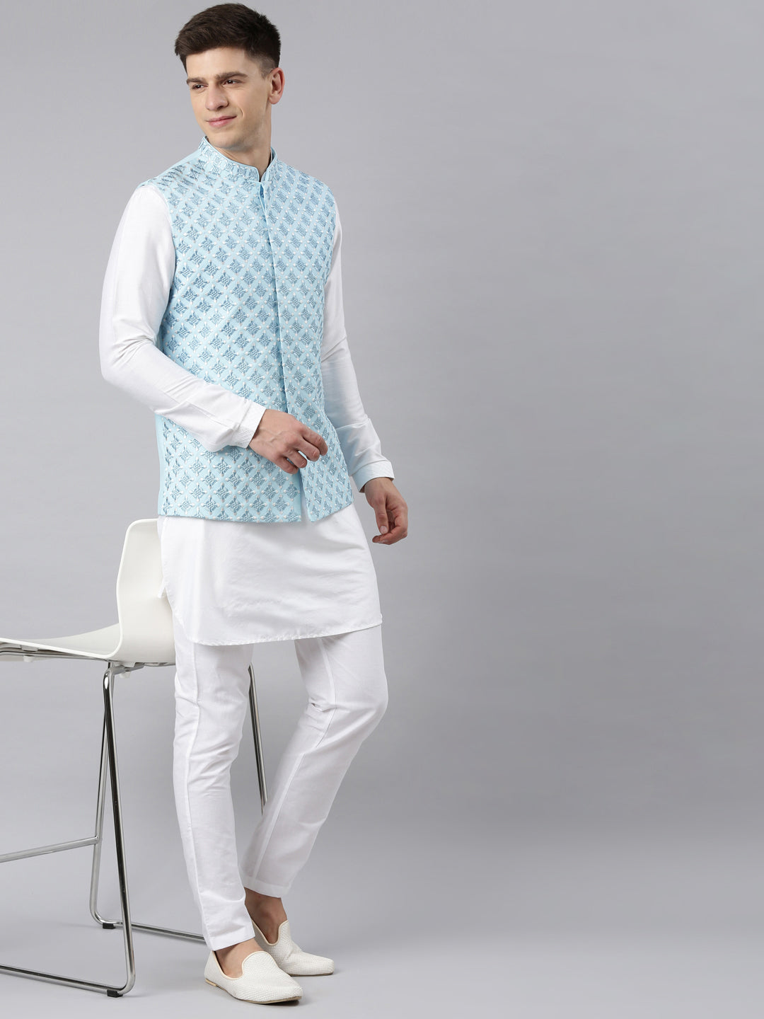 Light blue kurta with on sale waistcoat