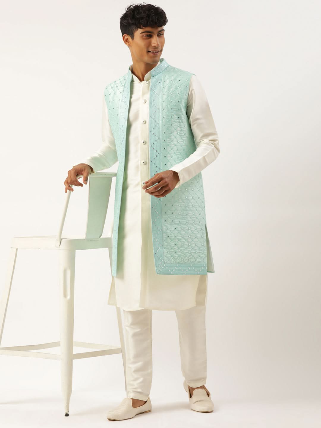 Turquise Mirror Embroidery open Jacket