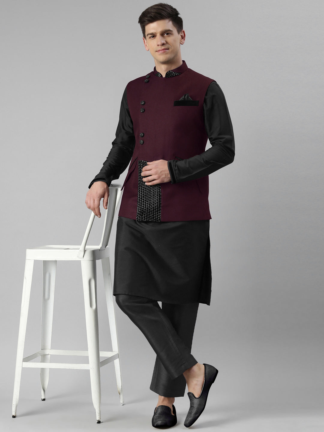 Wine Embroidered Overlap Jacket