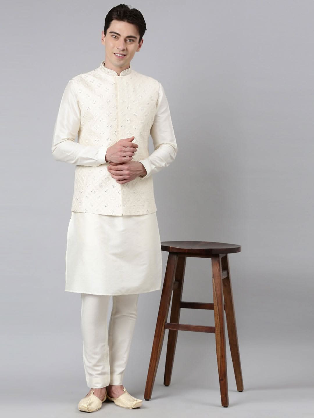 Cream Mirror Embroidery Bundi