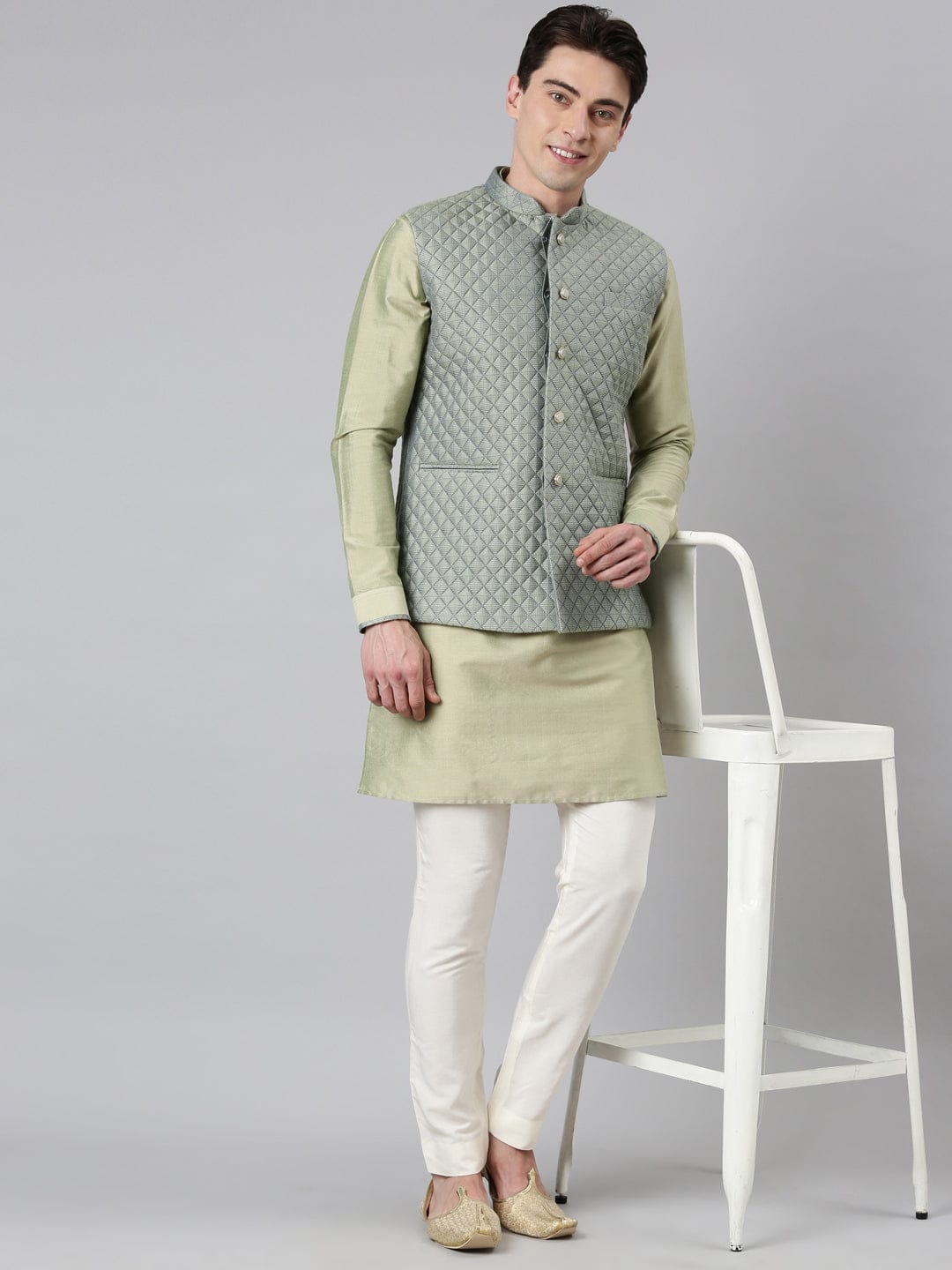 Lime Green Blue Jacquard Quilted Jacket