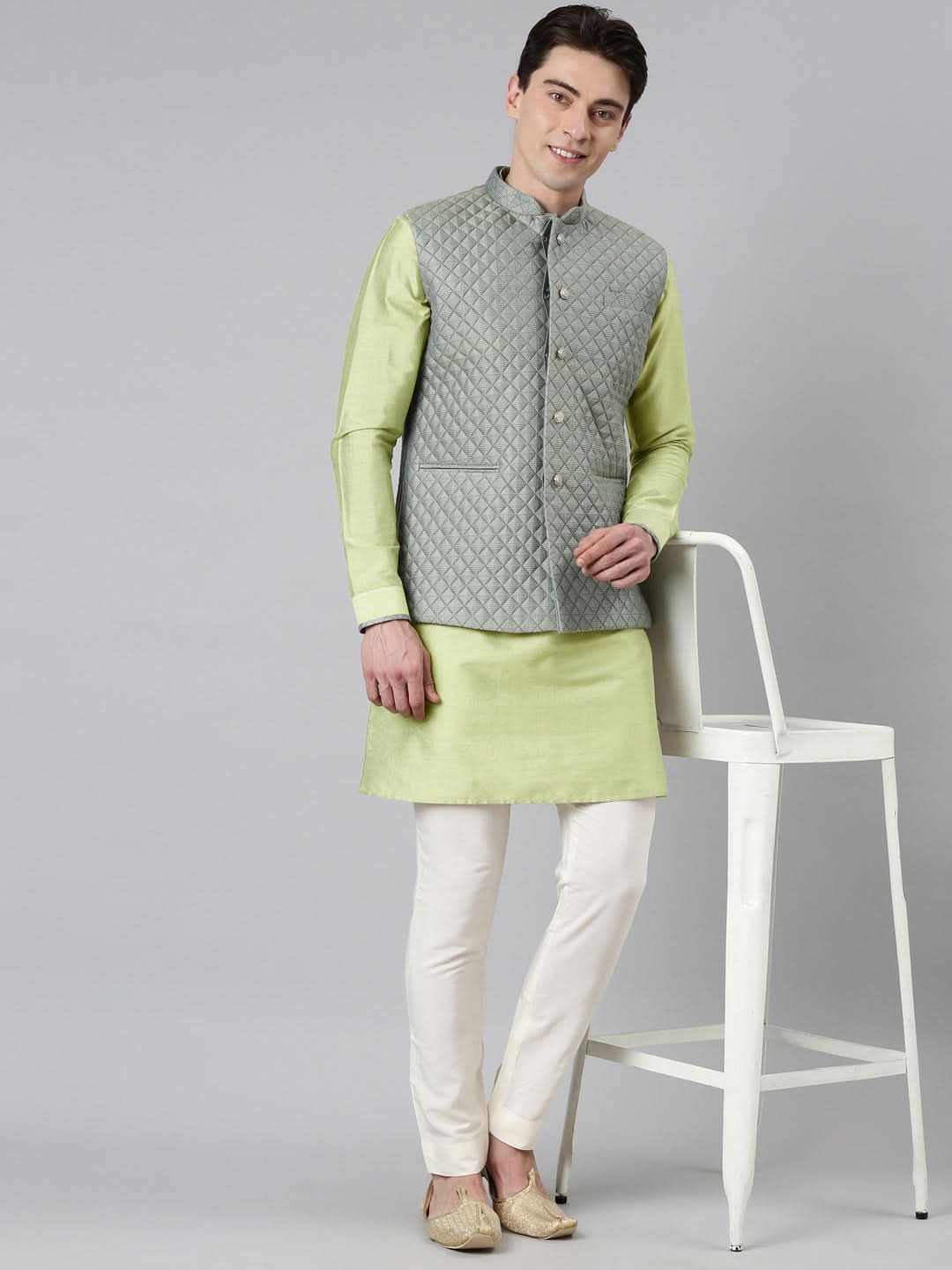 Lime Green Blue Jacquard Quilted Jacket