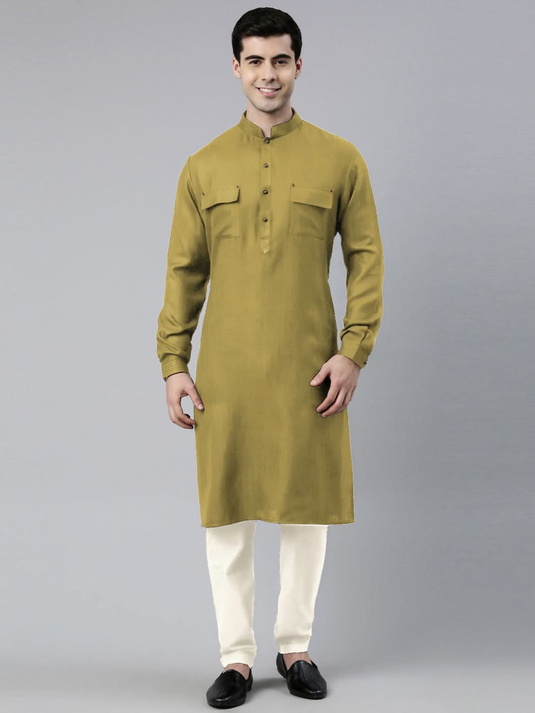 Greenish Yellow Cotton Pathani Kurta Set with Patch pocket