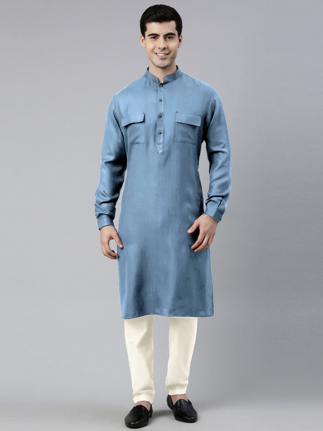 Light Blue Cotton Pathani Kurta Set with Patch pocket