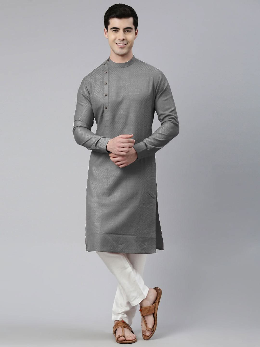 Grey Self design Side Open Kurta Set