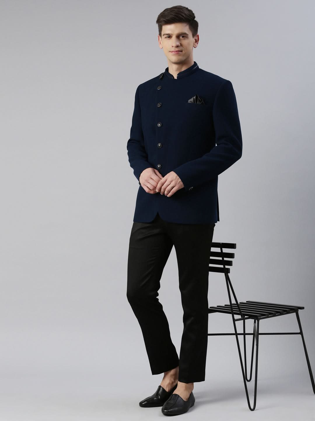 Teal Blue textured Bandhgala with leather detailing