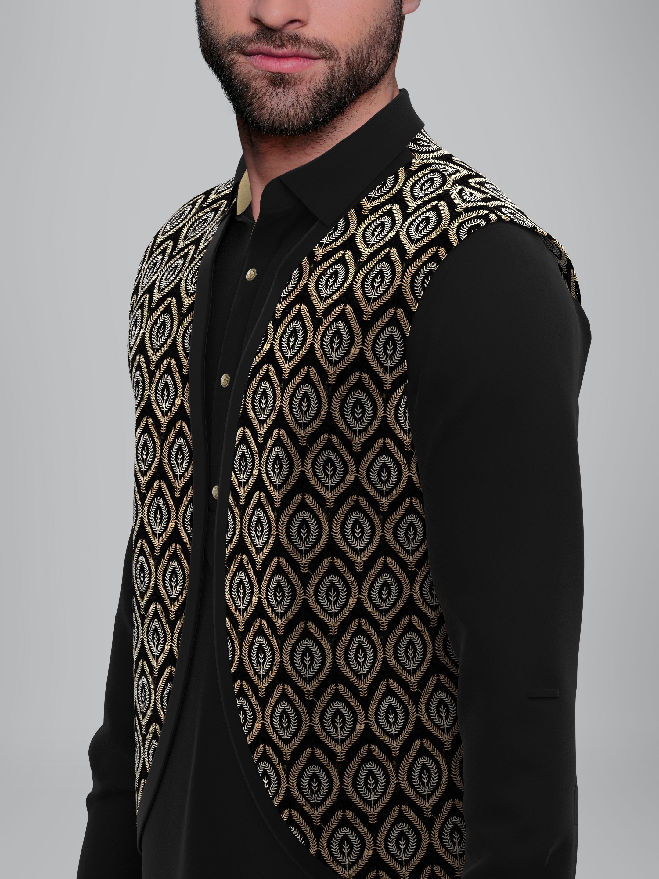 Black Velvet Embroidered Jacket Pathani