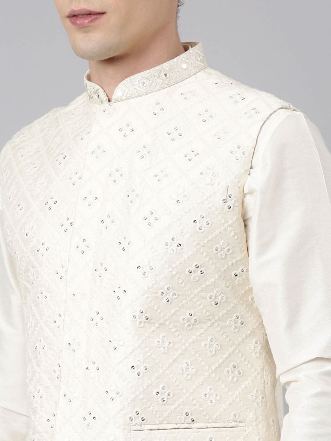 Cream Mirror Embroidery Bundi