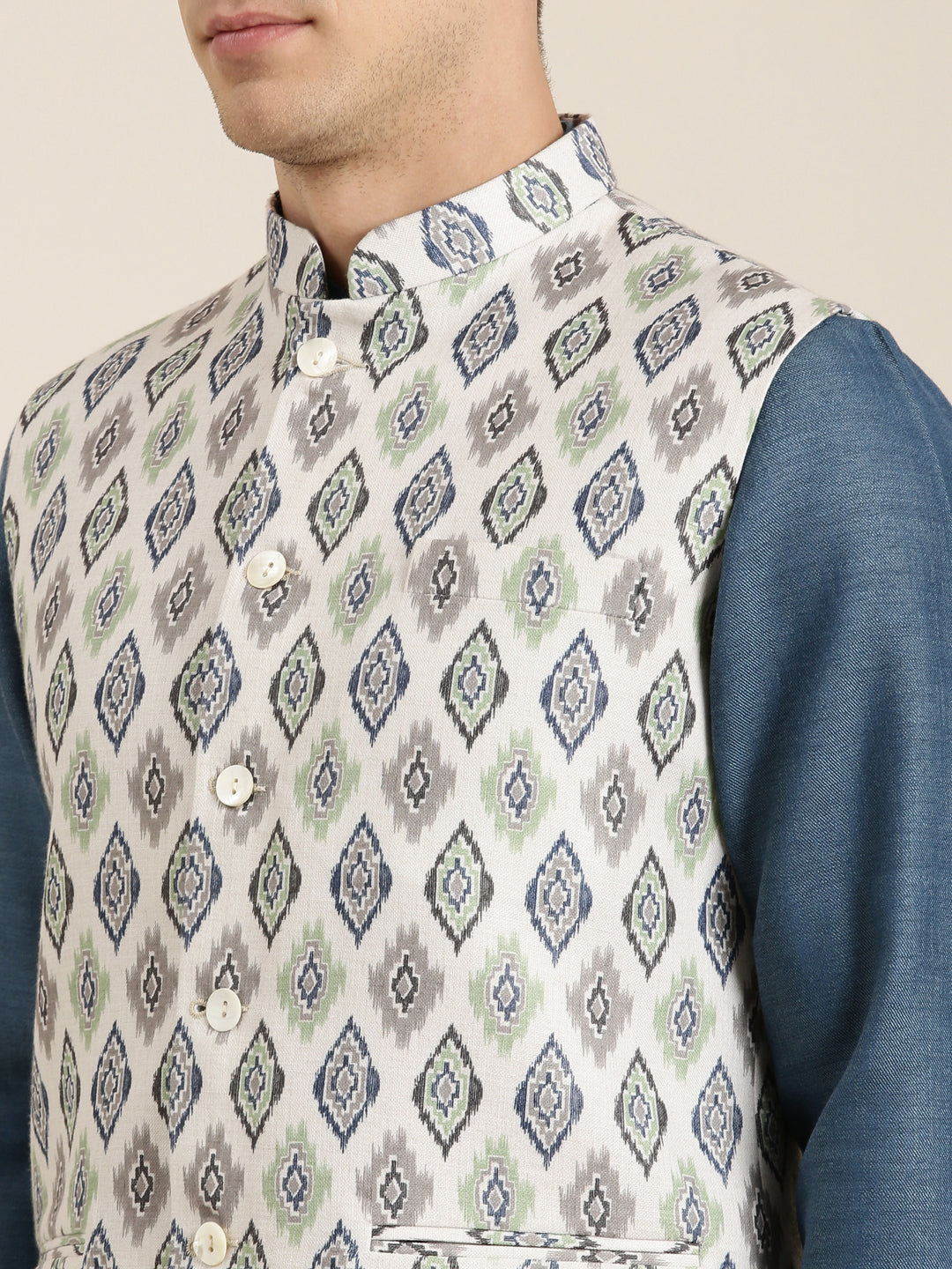 Cream Linen Printed Jacket