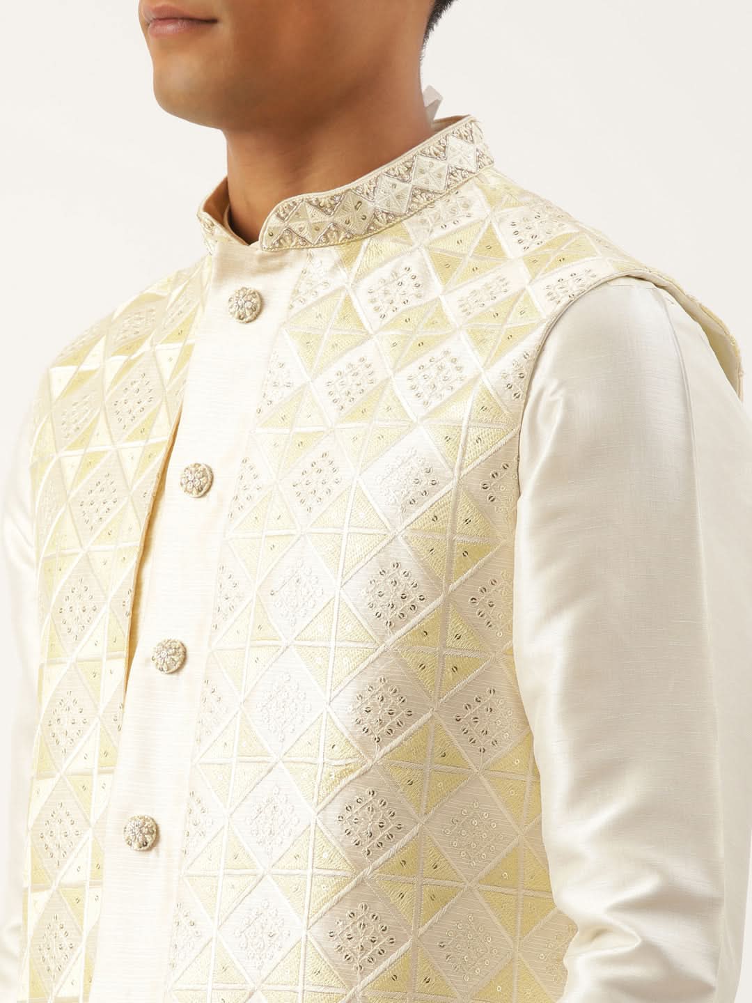 Cream Embroiderd Layered Long Jacket