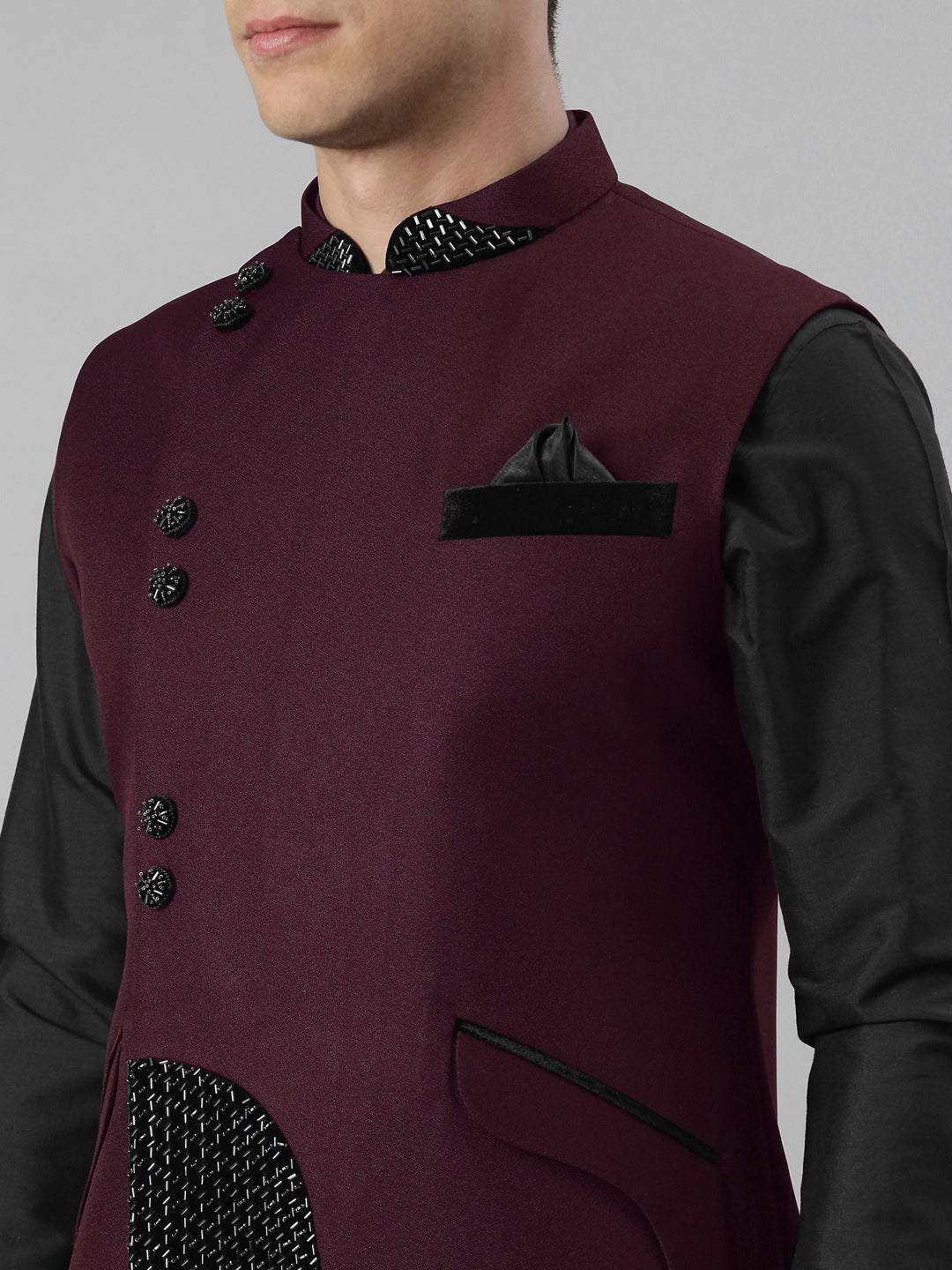 Wine Embroidered Overlap Jacket