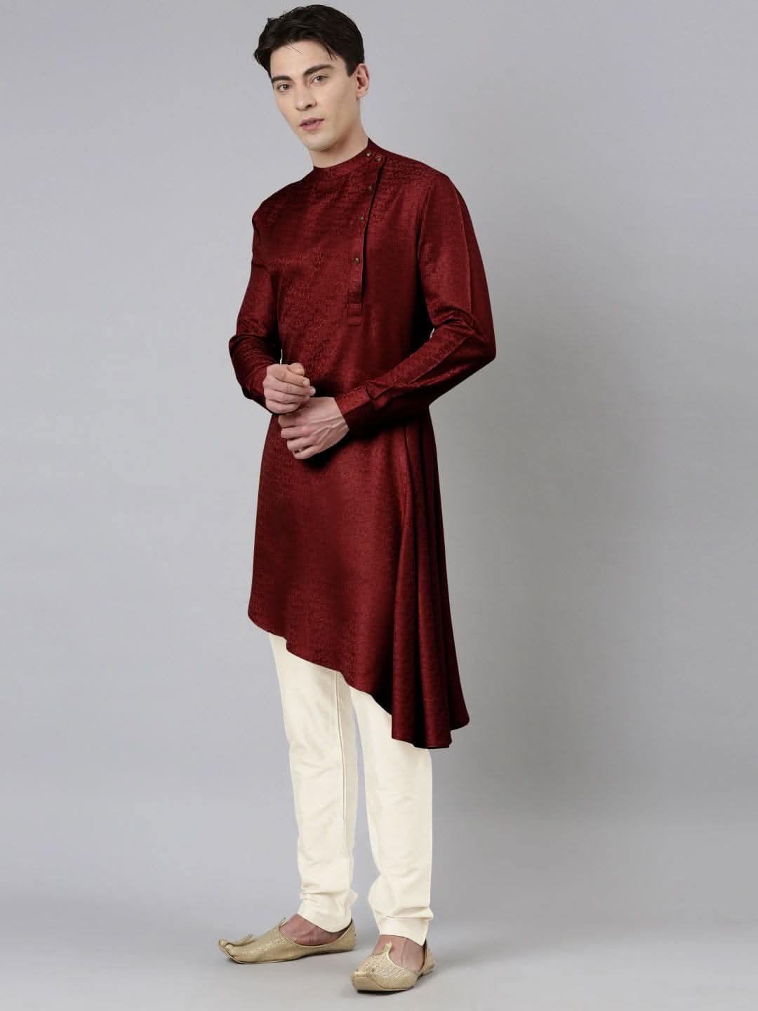 Maroon Self-Design Drape Side-Open Kurta