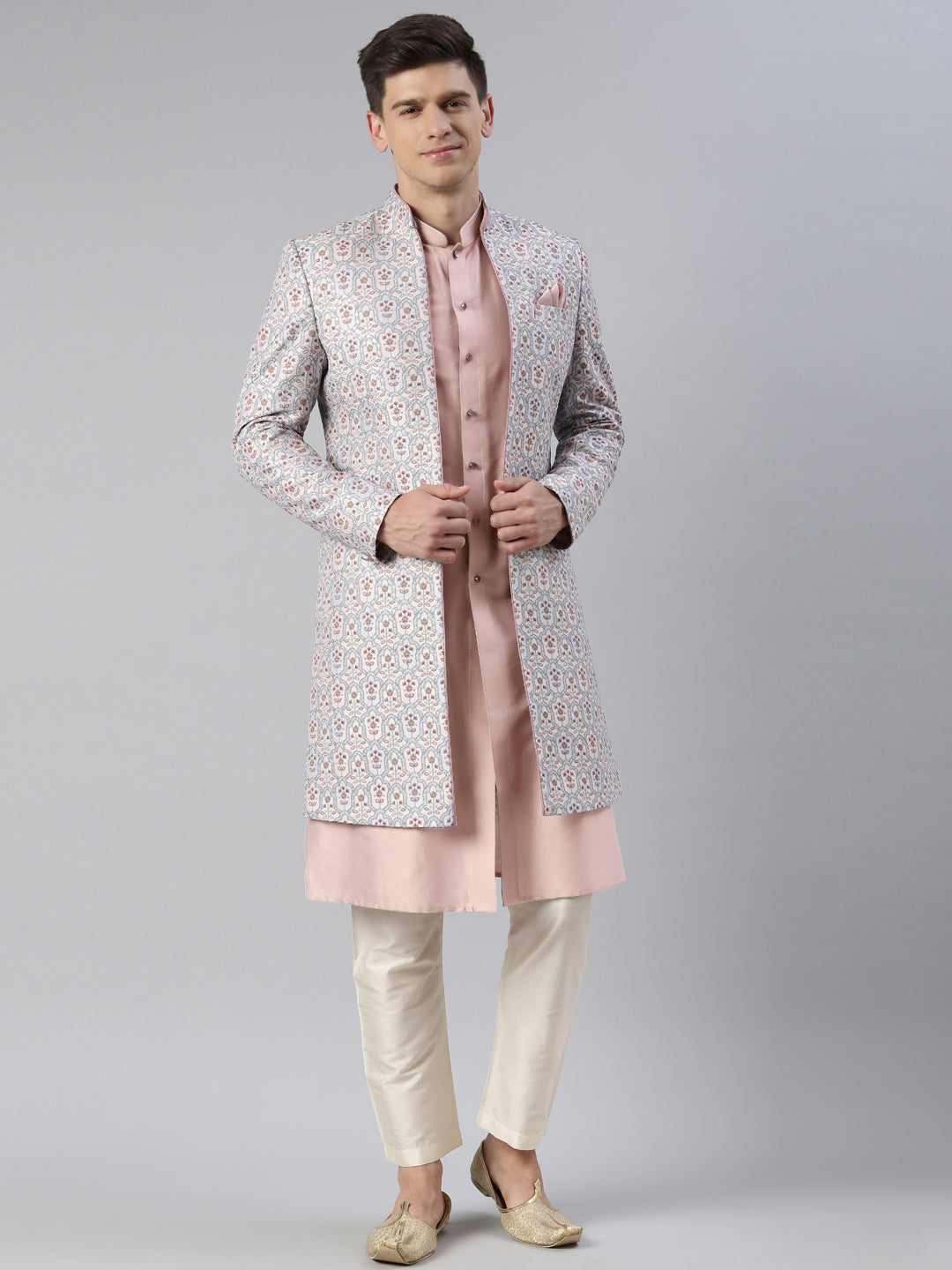 Grey Pink Embroidered Printed Achkan