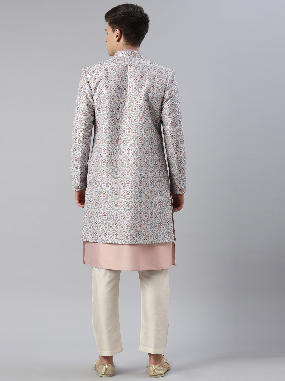 Grey Pink Embroidered Printed Achkan