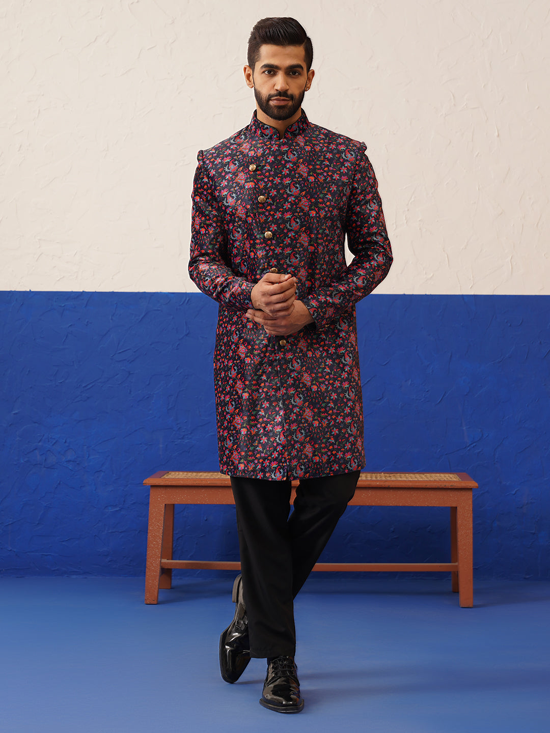 Black Printed Velvet Angrakha Indowestern Set