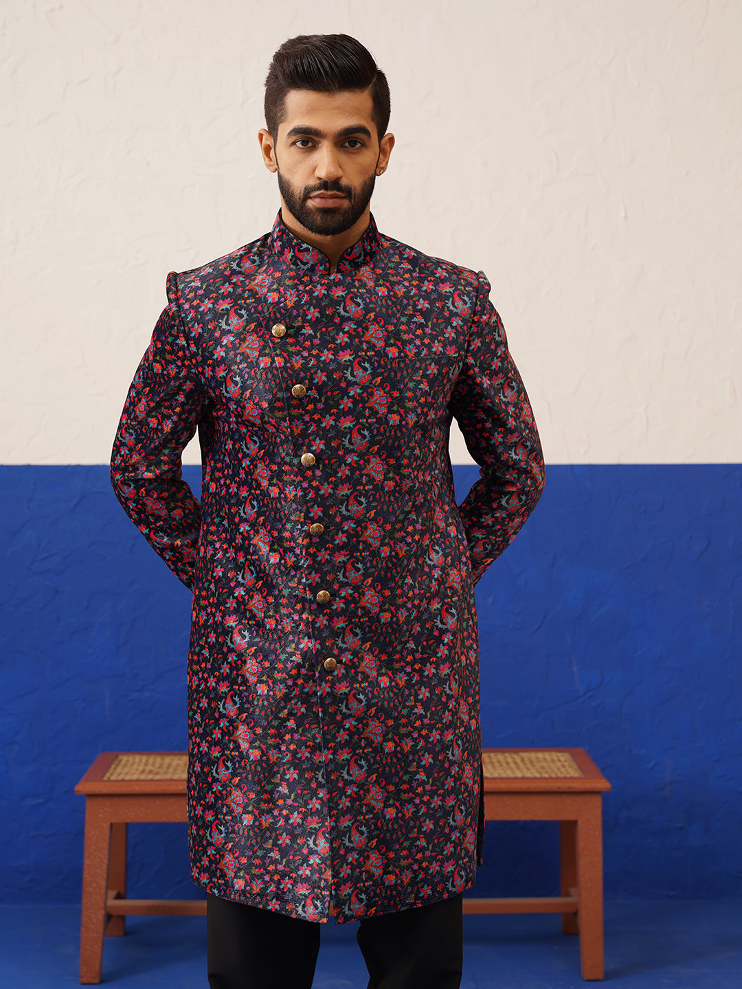 Black Printed Velvet Angrakha Indowestern Set