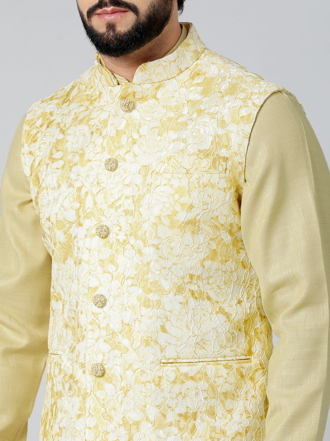 Mustard Textured Jacket With Mustard Kurta