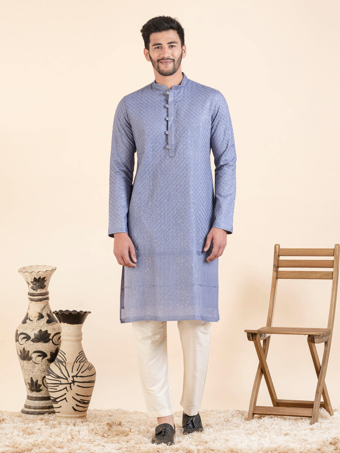 Blueish Grey Embroidered Kurta Set