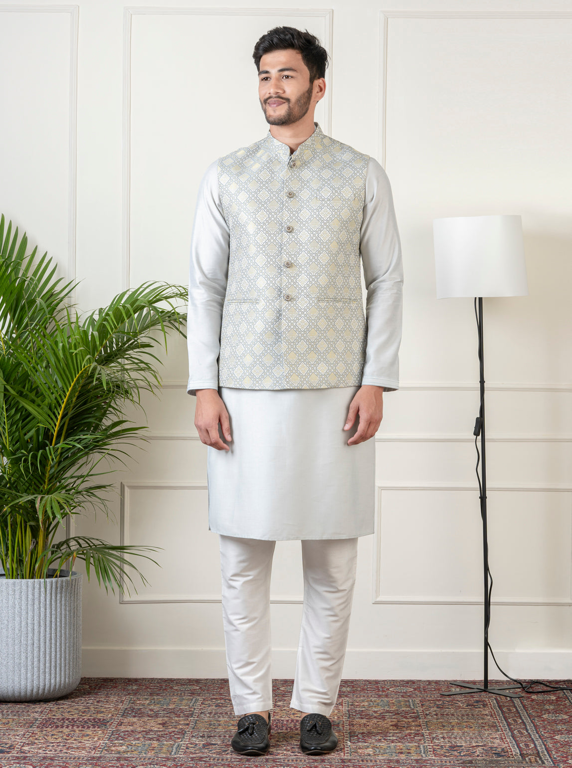 White Color Cotton Kurta Pajama With Nehru Jacket 993MW59