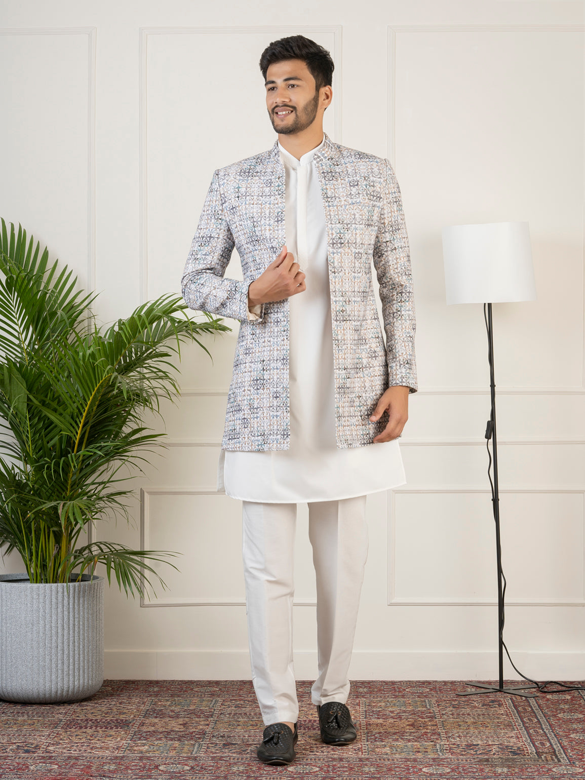 Grey Printed Embroidered Indo Set
