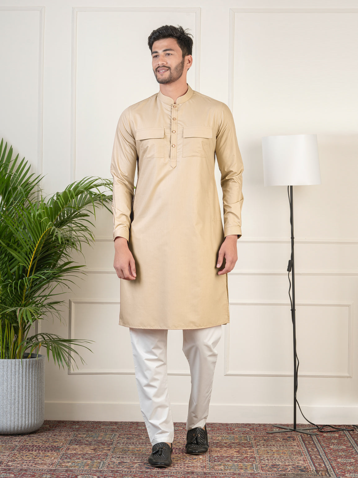 Beige Cotton Pathani Kurta Set with Patch pocket