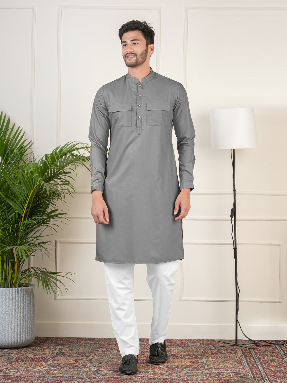 Grey Cotton Pathani Kurta Set with Patch pocket