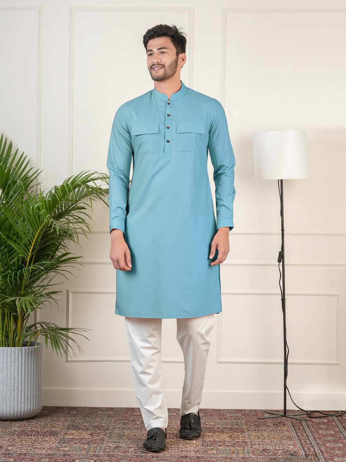 Teal Cotton Pathani Kurta Set with Patch pocket