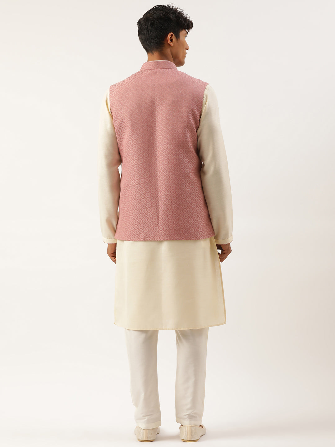 Old Rose Cotton Jacquard Jacket With Cotton Kurta