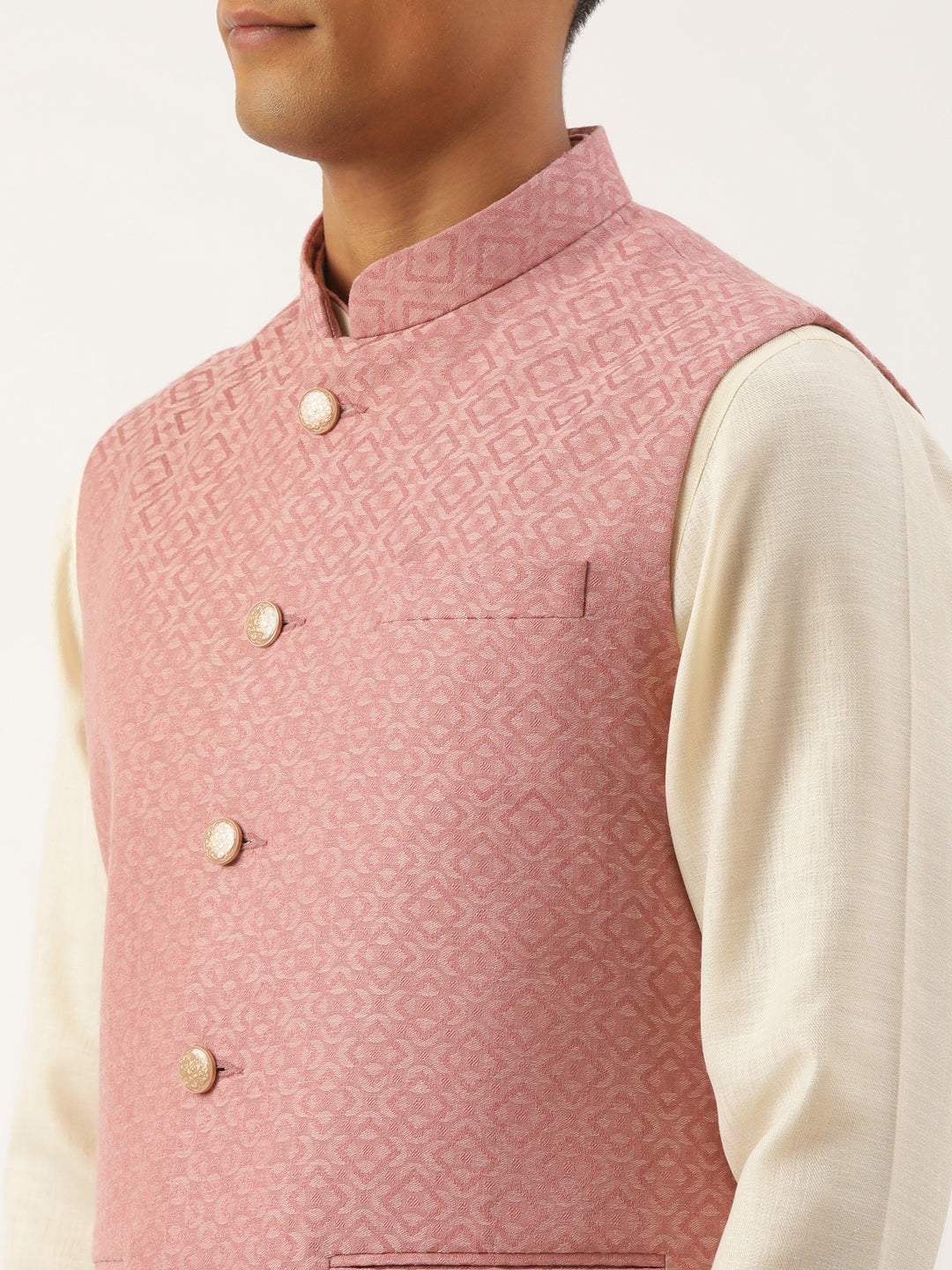 Old Rose Cotton Jacquard Jacket With Cotton Kurta