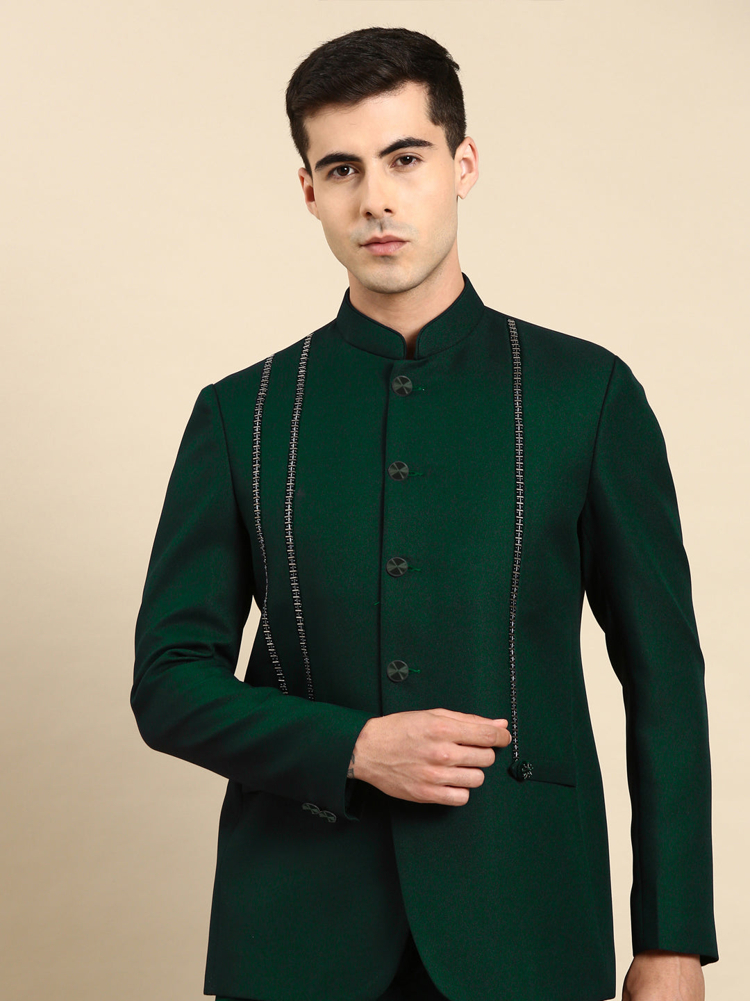 Green Embroidered Bandhgala with velvet Detailing