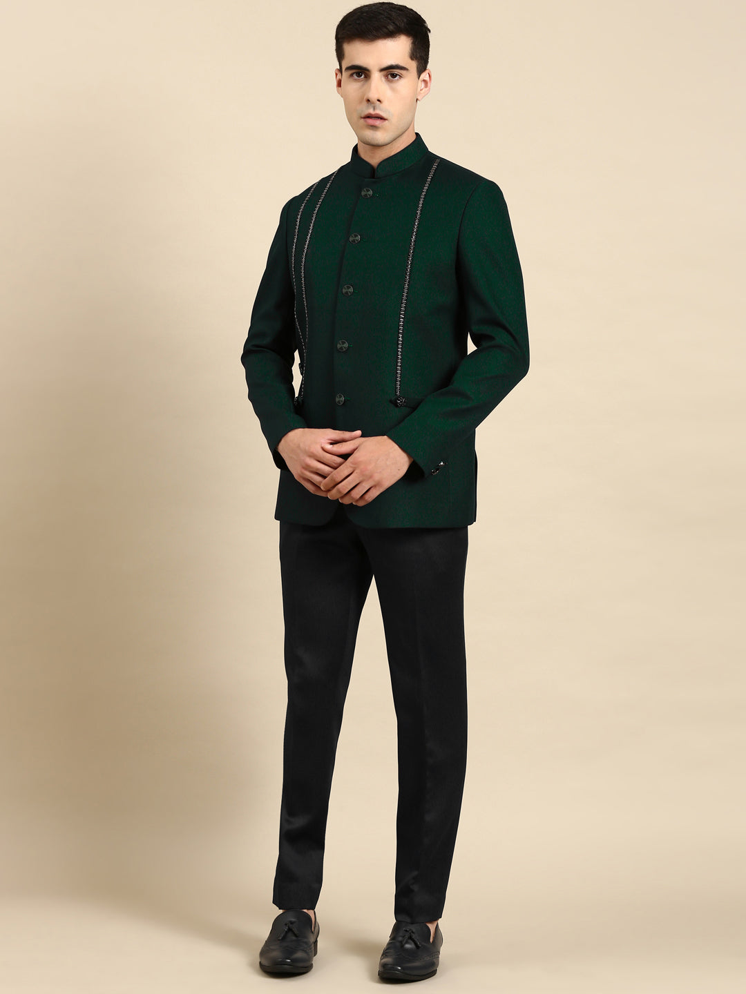 Green Embroidered Bandhgala with velvet Detailing