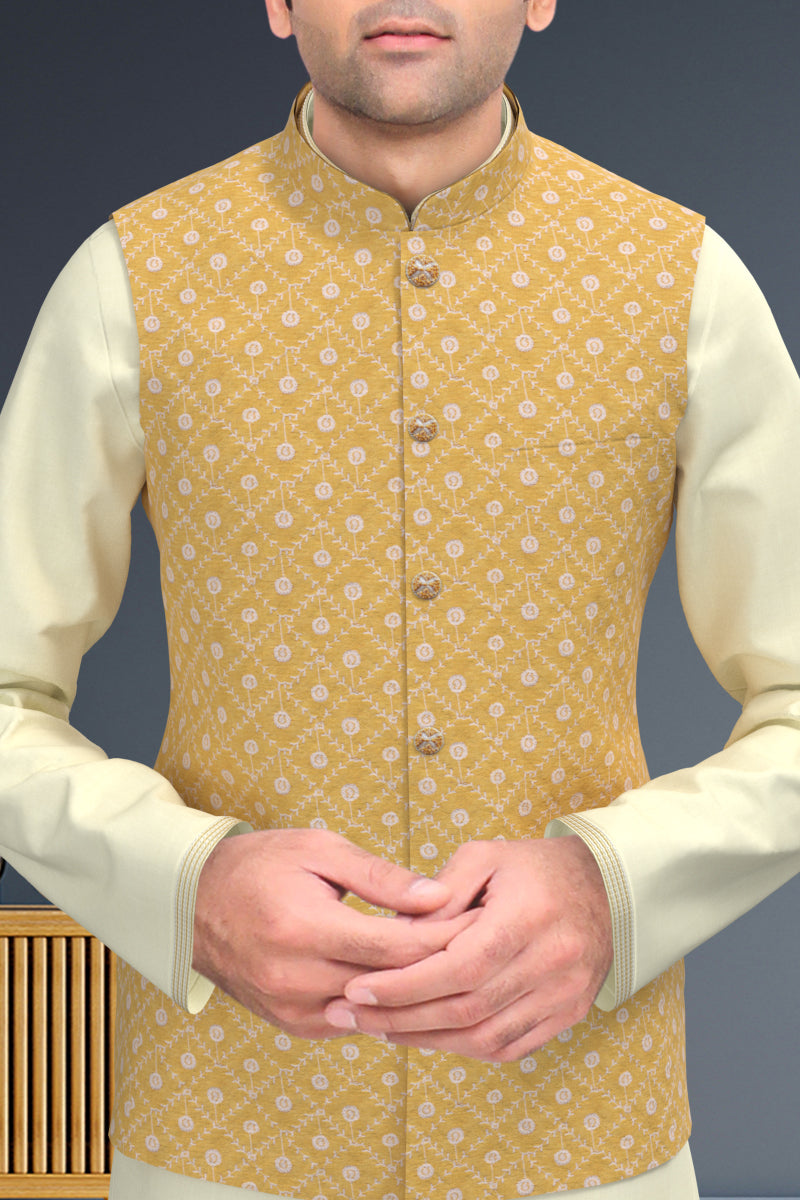 Yellow Silk Chikanakari Jacket With Creame Kurta