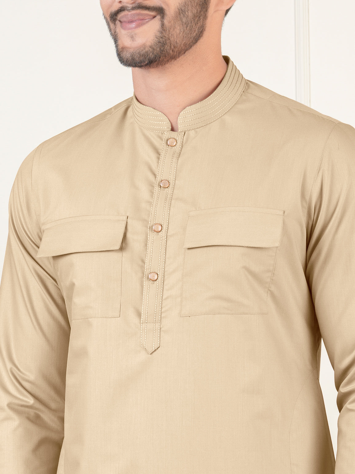 Beige Cotton Pathani Kurta Set with Patch pocket