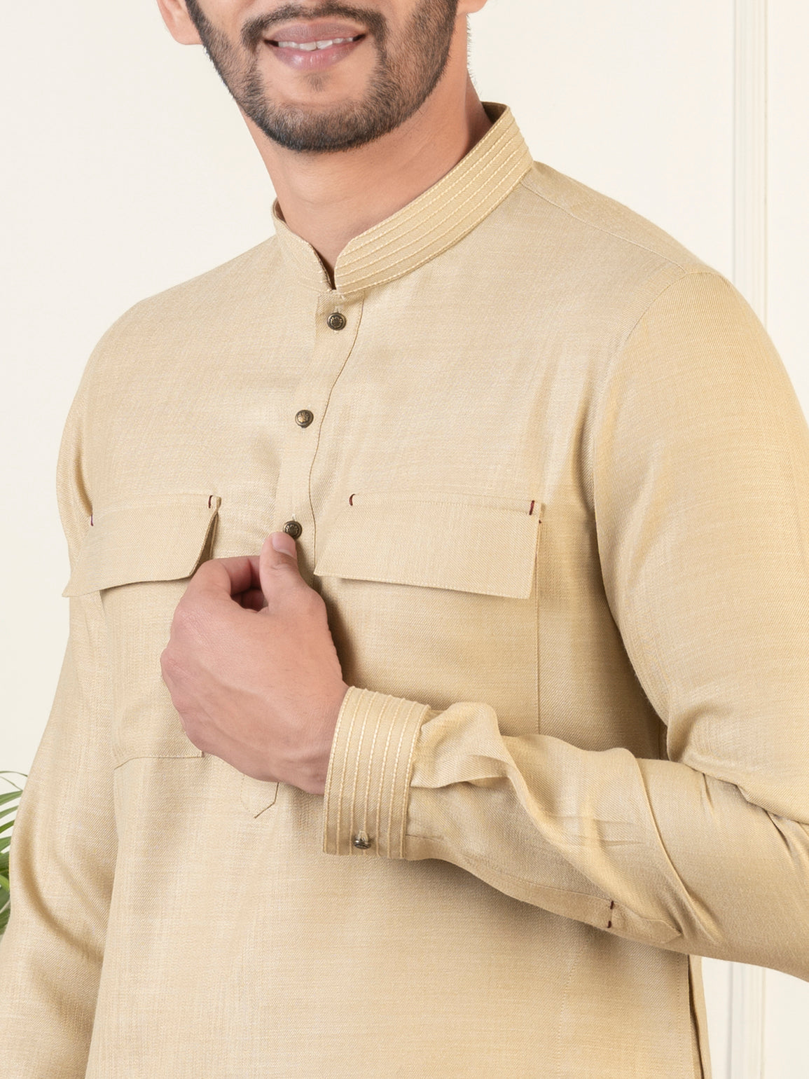 Beige Cotton Pathani Kurta Set with Patch pocket